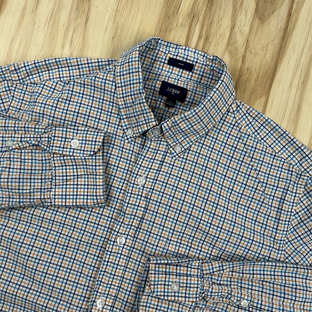 J.Crew Mens L Slim Fit Blue White Plaid Cotton Long Sleeve Button Up Shirt